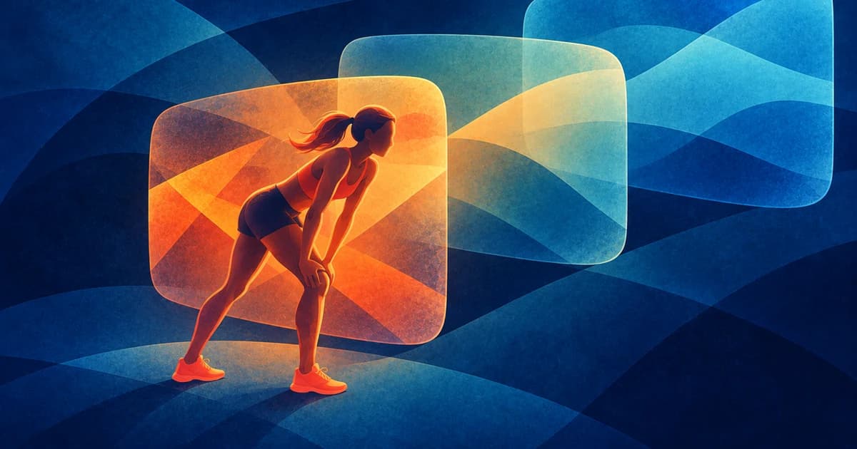 Illustration av en pausad löpare framför överlappande orange och blå lager
