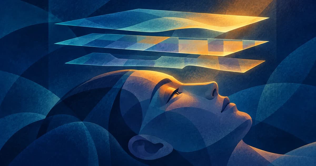 Illustration av ett vilande huvud under överlappande genomskinliga lager