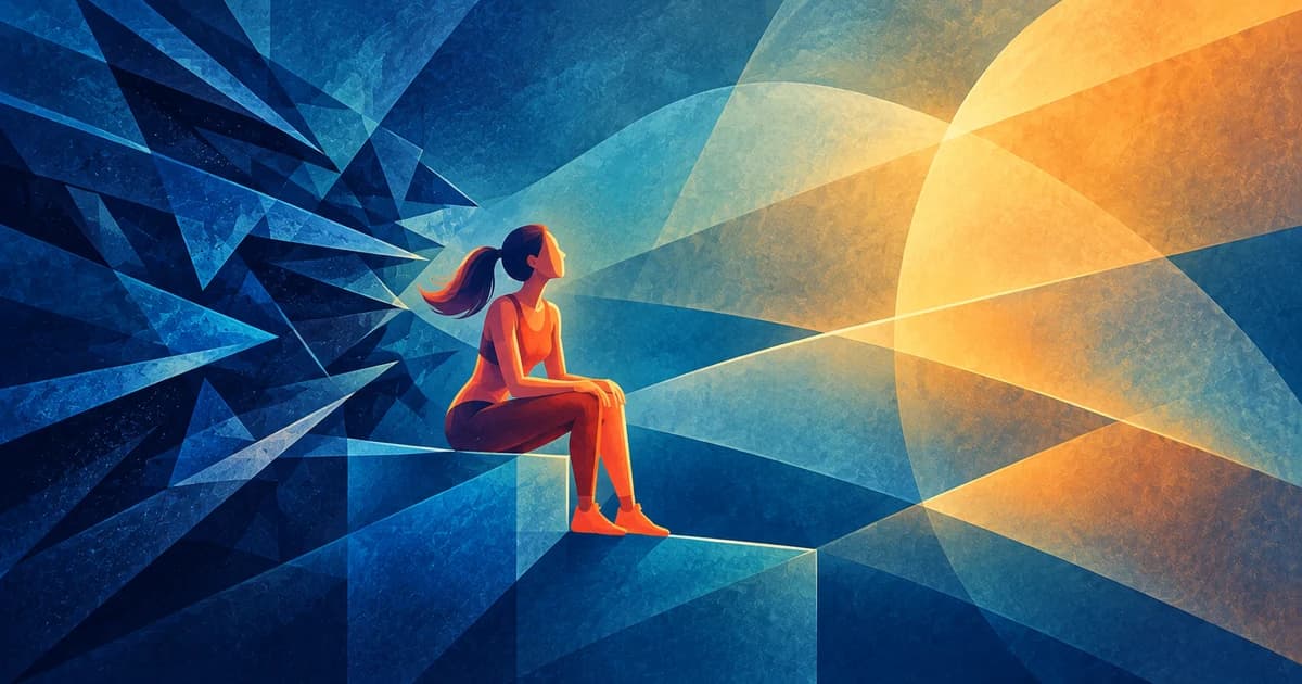 Illustration av en sittande figur mellan kantiga mörka former och öppna ljusa former