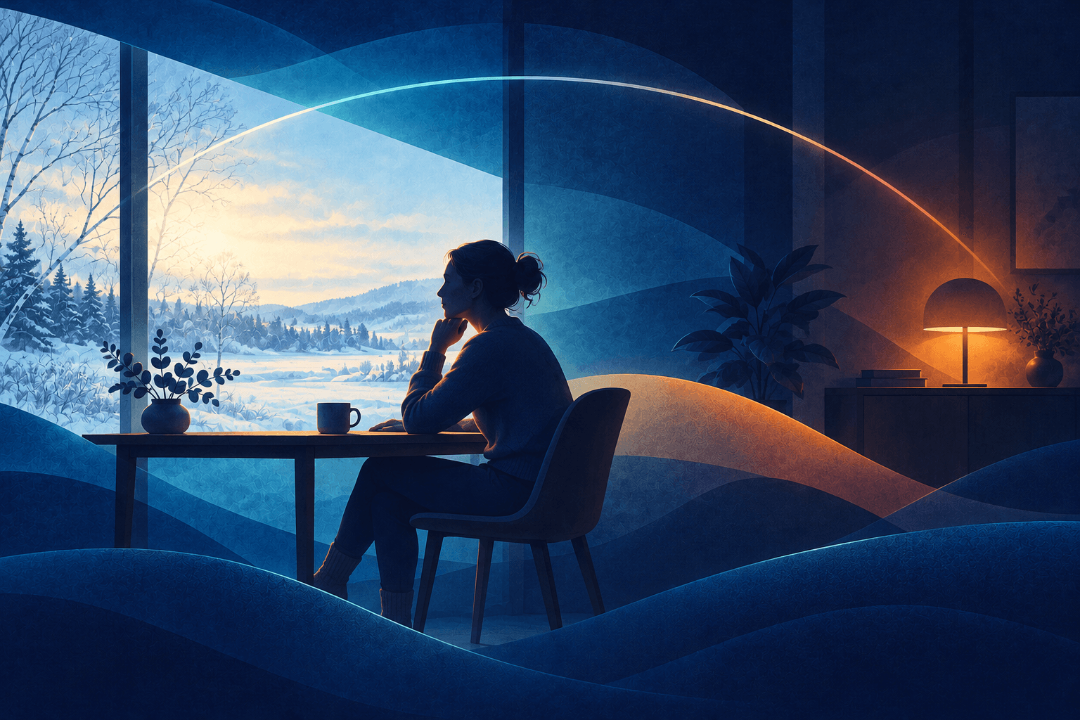 Illustration av en person vid ett fönster med vinterdagsljus och en dämpad kvällslampa